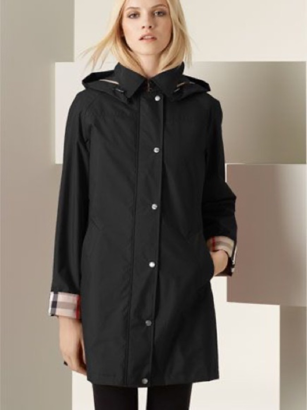 Burberry Black Hooded Trench Coat with Plaid Cuff and Hood Detail